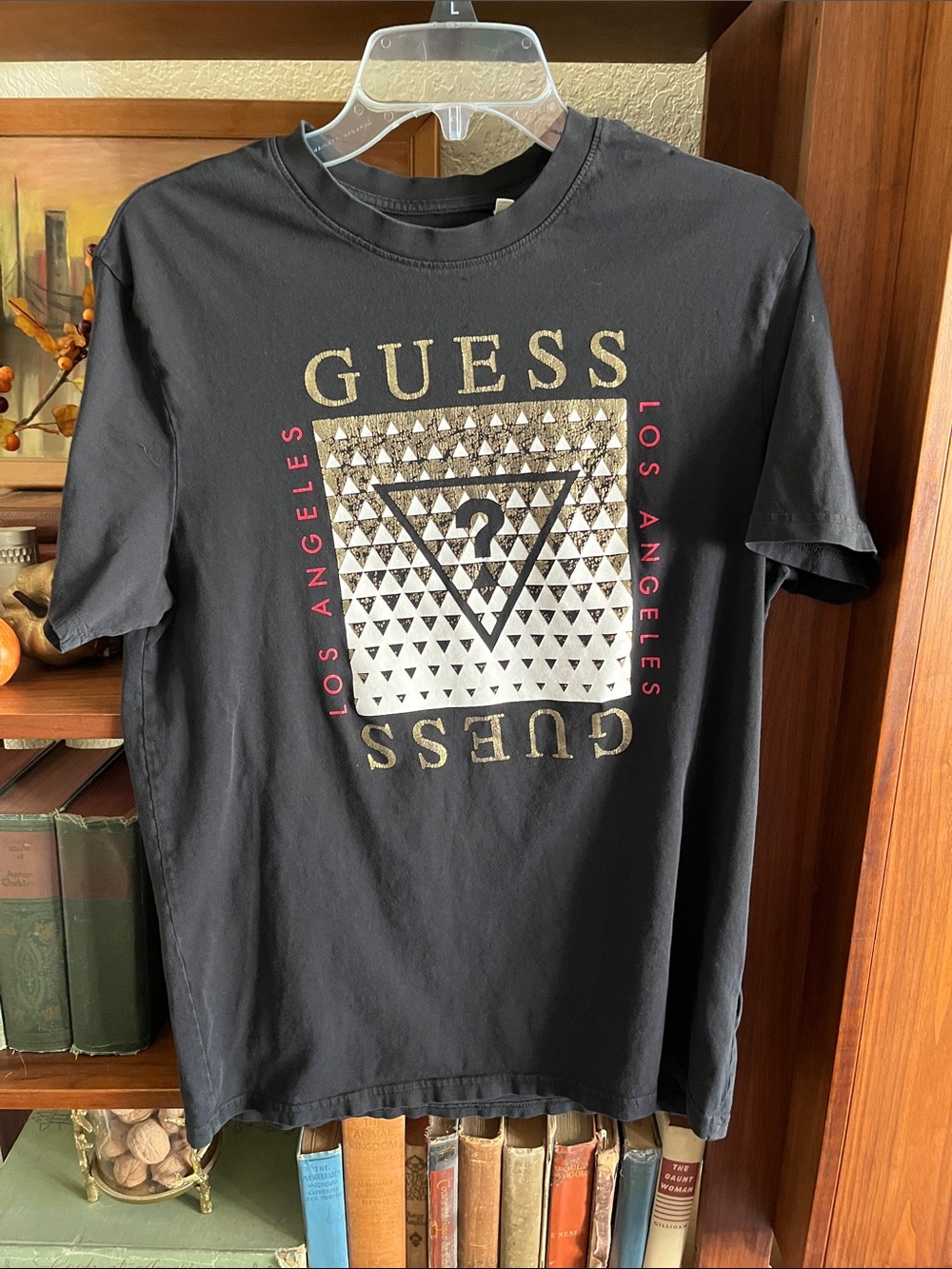 GUESS Black Short Sleeve Tee with Gold Triangle Logo and Pink Accents